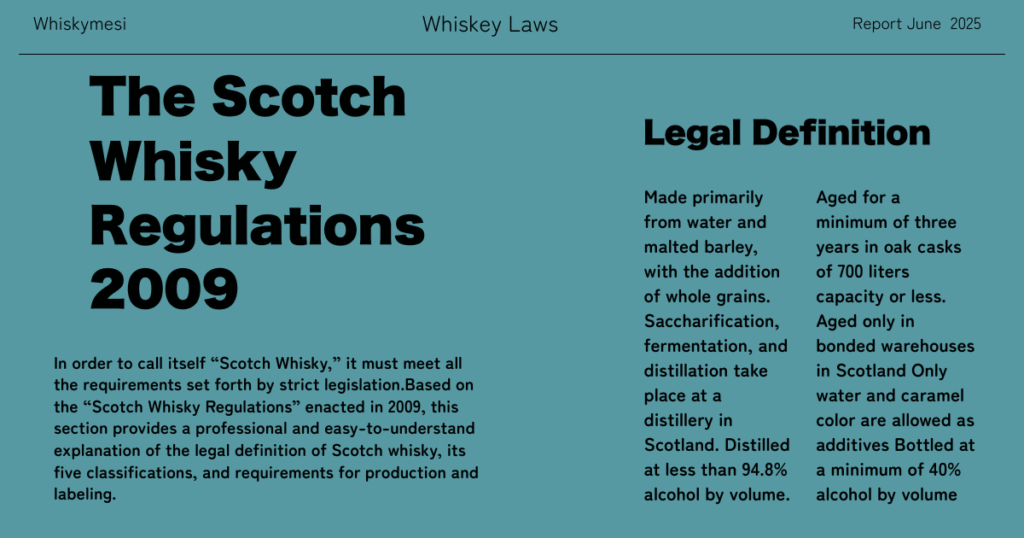 Scotch whisky is synonymous with whisky, which is loved around the world.However, in order to call itself “Scotch Whisky,” it must meet all the requirements set forth by strict legislation.This article provides a professional and easy-to-understand explanation of the legal definition of Scotch whisky, its five classifications, production and labeling requirements, based on The Scotch Whisky Regulations 2009.
